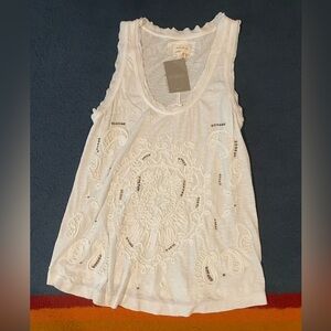 Anthropologie Meadow Rue White Embellished Cut Out Tank Top